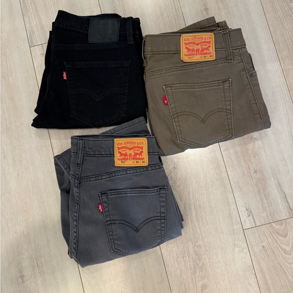 Levi’s 511 W33xL32 - Bundle of 3 - Black, Gray/Blue, and Brown/Taupe